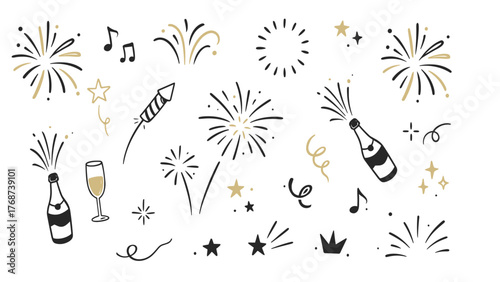 New Year Celebration Fireworks Doodle Set with Champagne Bottles, Stars, and Party Elements on White Background