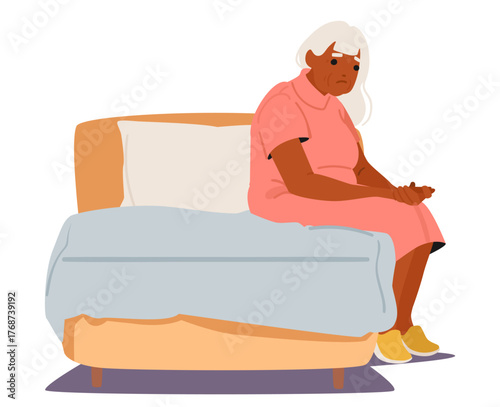 Upset lonely elderly woman cartoon character sitting alone on bed suffering from inner struggle