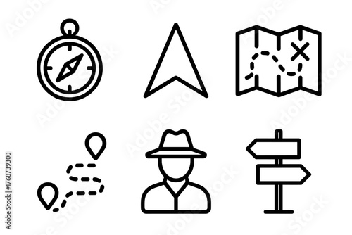 Navigation icons set: compass, arrow, map, path, explorer, signpost