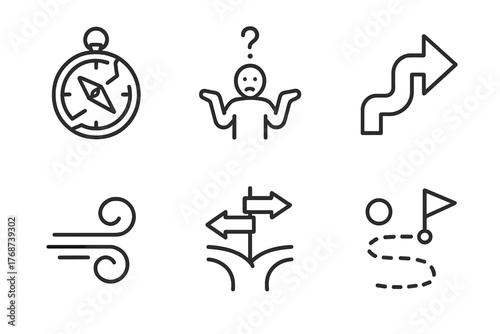 Compass, confusion, direction icons – navigation and decision-making symbols
