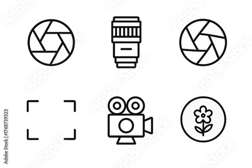 Camera elements and film icons: shutter, lens, framing, flower graphic