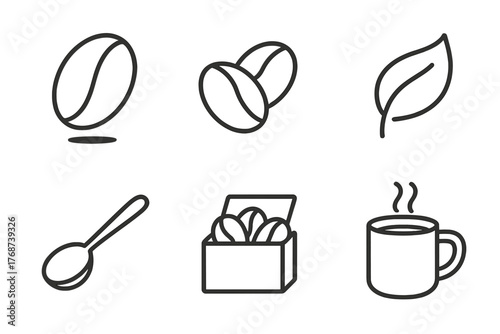 Coffee icons: beans, leaf, spoon, box, and mug illustrations