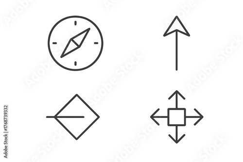 Minimalist direction icons: compass, arrow, diamond, movement arrows in black and white