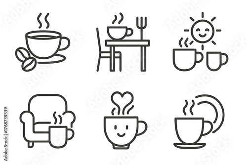 Coffee icons set: cups, beans, and cozy scenes in simple line art style
