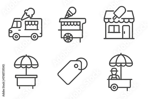 Ice cream icons: truck, cart, shop, stand, tag, vendor
