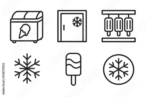 Ice cream freezer icons: popsicles, snowflakes, and frozen desserts in black and white