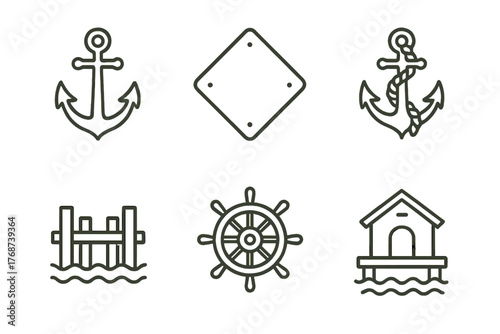 Nautical icons set including anchors, helm, dock, and boat house