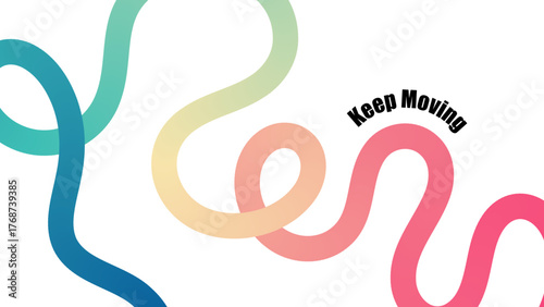 A vibrant design, minimalist abstract wavy line background with keep moving, motivational quotes, conveying a sense of energy and positive movement , gradient color shapes pattern with bold wave lines