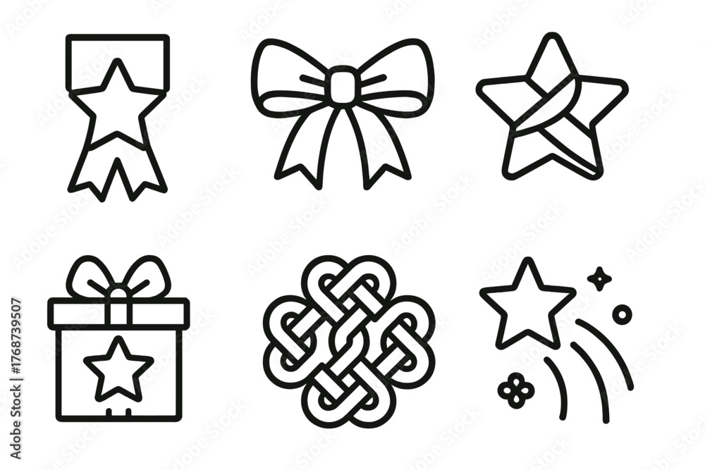 Obraz premium Set of six star-themed outline icons featuring ribbon, bow, gift, knot, and shooting star