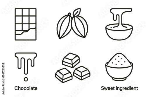 Chocolate icons: bar, cocoa beans, melted chocolate, chunks