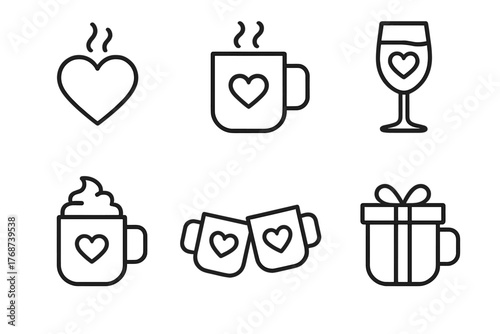 Heart-themed icons: coffee mugs, wine glass, gift box, and more