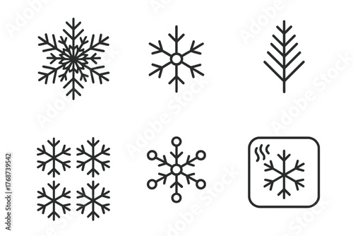 Diverse snowflake icon set with simple and stylized designs on white background