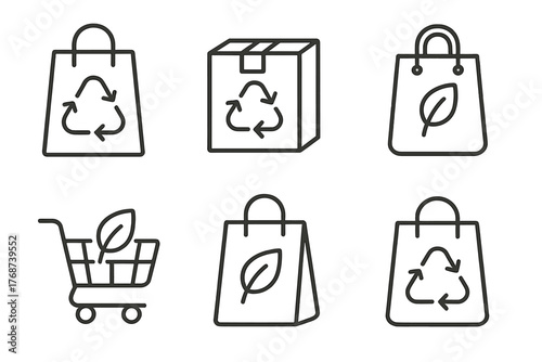 Eco-friendly packaging icons set featuring recycle symbols and leaf designs