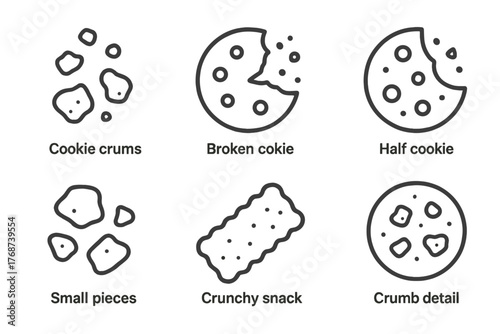 Outline illustrations of cookie variants and crumbs with detailing