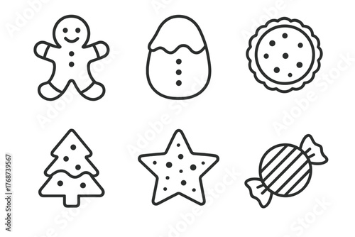 Outline icons of gingerbread man, egg, cookie, tree, star, and candy