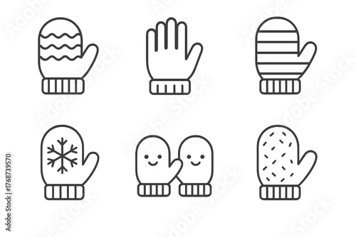 Black and white winter mittens icon set with patterns and smiling faces