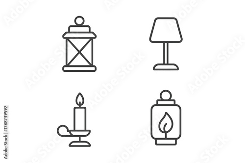 Minimalist line art of lantern, table lamp, candle, and diffuser