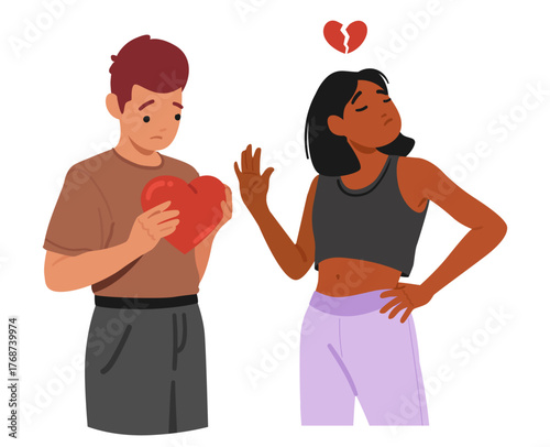 Sad boy with love heart getting rejection from beloved girl heartbreaking moment on Valentine day