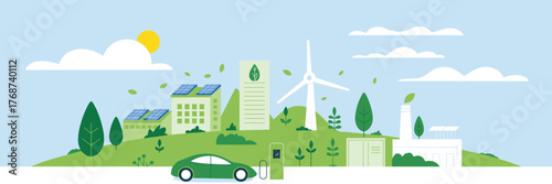 Eco- Friendly Cityscape with Renewable Energy Sources and Electric Car eco friendly sustainable