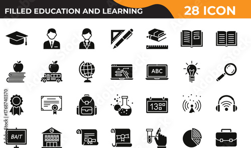 Collection of 28 filled education and learning icons representing knowledge and academic concepts