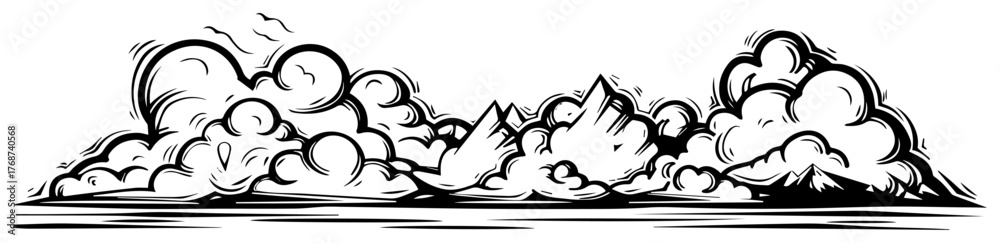 Fototapeta premium Horizontal smoke cloud border, stylized foggy divider with puffy shapes, cartoon atmosphere accent