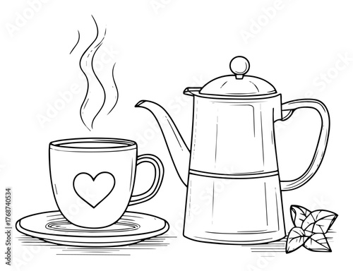 Steaming teapot with heart cup, cozy tea time still life, line art sketch perfect for kitchen decor, cafes and breakfast menus