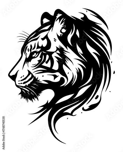 Tiger head emblem, fierce wild big cat profile in bold strokes, strong mascot for sports, outdoor brands and wildlife conservation