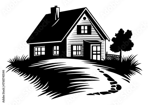 Country cottage house on a hill with path and tree, rustic homestead illustration conveying warmth, comfort and rural charm