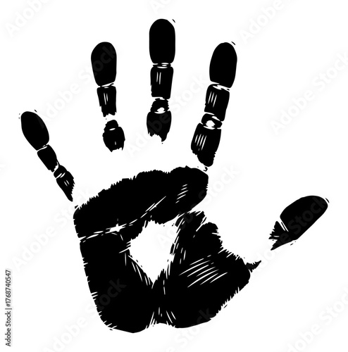 Grunge human handprint stencil, bold identity mark, forensic crime scene vibe, raw and gritty security or protest poster element