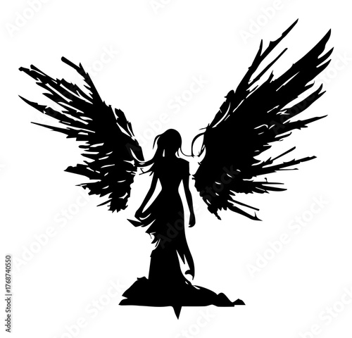 Angel with wide wings standing on rock, graceful celestial silhouette evoking protection, hope and spirituality