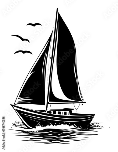 Sailing yacht with birds, elegant sailboat silhouette at sea, breezy marine adventure graphic for travel and nautical lifestyle
