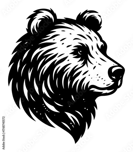 Bear head profile, strong wildlife mascot with textured fur, symbol of power, mountains and outdoor lifestyle