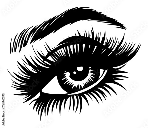 Stylized female eye with long lashes, bold beauty emblem for cosmetics, makeup tutorials and fashion branding