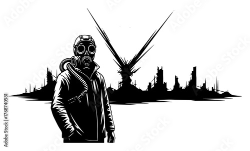 Post‑apocalyptic survivor in gas mask before ruined skyline, dystopian wasteland atmosphere and toxic danger