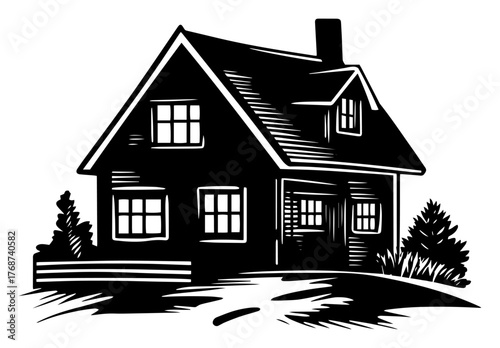 Cozy cottage house, rustic countryside cabin amid grass and fence, homely rural architecture