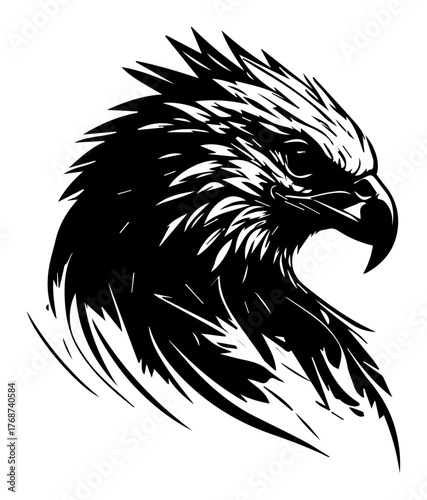 Eagle head profile, fierce raptor emblem with sharp beak and intense eye, patriotic strength and speed