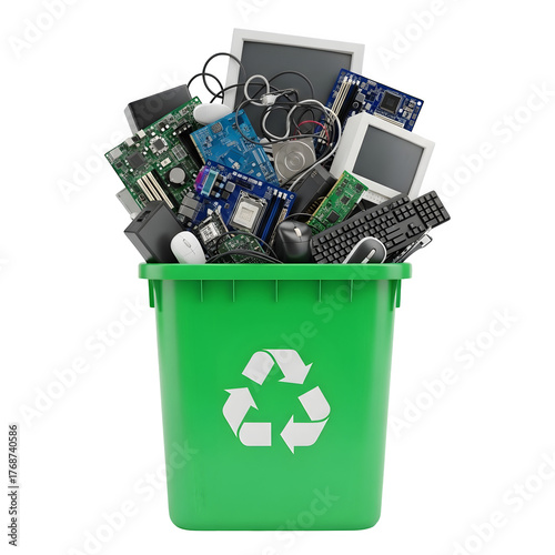 Electronic waste recycling symbol on green bin overflowing with discarded computer parts and circuit boards