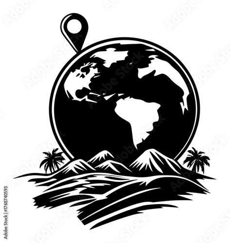Travel globe with location pin and mountains, adventure icon for trips, tourism and exploration