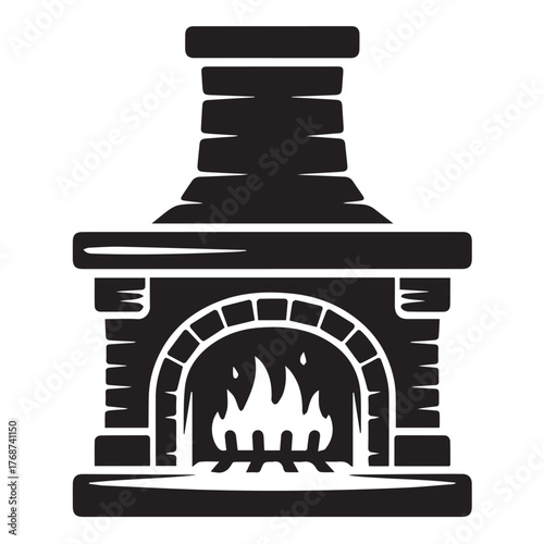 A cozy fireplace with a roaring fire, perfect for creating a warm and inviting atmosphere in any home, isolated on white background the design features intricate brickwork and a classic mantel