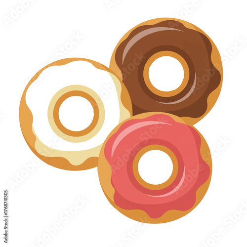 Three delicious donuts isolated on white background, featuring a chocolate frosted donut, a strawberry frosted donut, and a vanilla frosted donut, perfect for satisfying your sweet tooth cravings