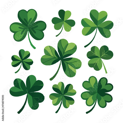 Collection of shamrocks isolated on white background, symbolizing irish heritage and good luck, with varying shades of green and intricate leaf details, perfect for st patricks day celebrations