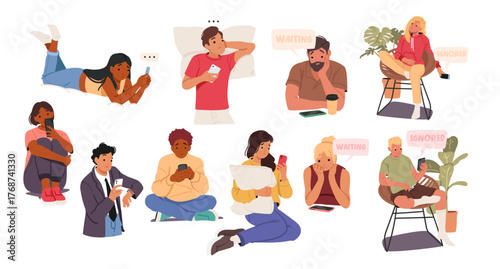 Sad people diverse cartoon characters waiting phone call looking at screen with hope and expectation