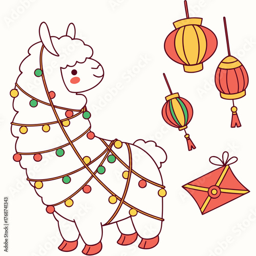 Bashful Llama with wrapped in fairy lights, set in a charming Lunar New Year / Chinese New Year theme – Year of the Dragon (or relevant animal) color vector art