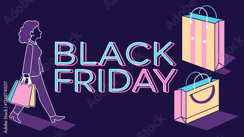 Black friday sale deals and discounts shopping woman with bags for promotional marketing campaign ad design