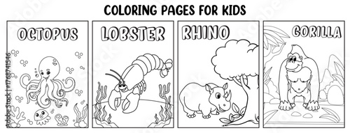sea and jungle animal coloring pages set octopus lobster rhino and gorilla vector