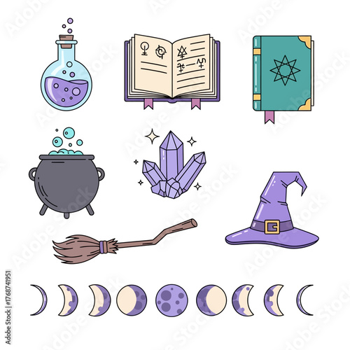 Cartoon icons show mystical witch supplies. A potion, spellbook, crystal, hat, cauldron, broom, and moon phases are drawn in purple, cream, and gray tones