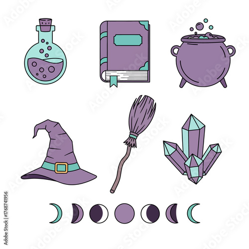 A witchcraft-themed icon set. Includes a potion, spellbook, cauldron, witch hat, broom, crystals, and moon phases, all with purple and teal outlines