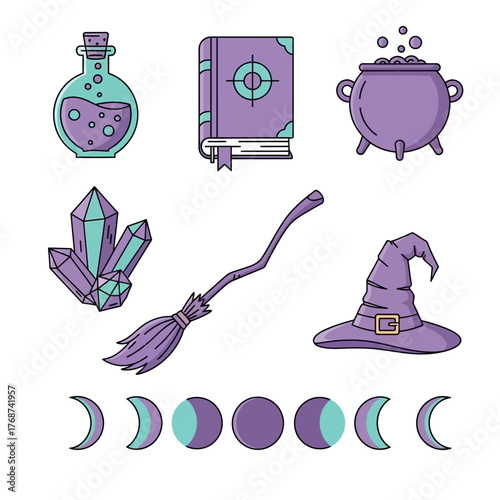 Digital art features a set of Halloween witch icons. Included are a potion, book, cauldron, crystals, broom, hat, and moon phases