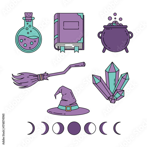 Stylized vector clip art of witchy icons. Designs include a potion, spellbook, cauldron, broom, hat, crystals, and moon phases in purple and teal.