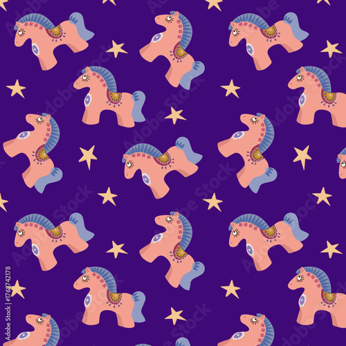Pattern with a cute stylized horse - a clay toy for wrapping paper and textiles.eps